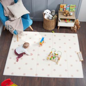 Baby Play Mat, Thick Foam Stars Design, Foldable Waterproof Mat for Crawling, Padded (79 x 59 Inches)