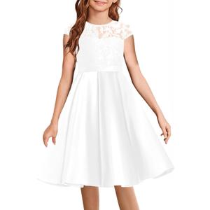 HOSIKA Elegant Flower Girls Dress Lace Satin A-Line Bridesmaid Princess Dresses for Wedding Birthday Party, 8-9 Years old