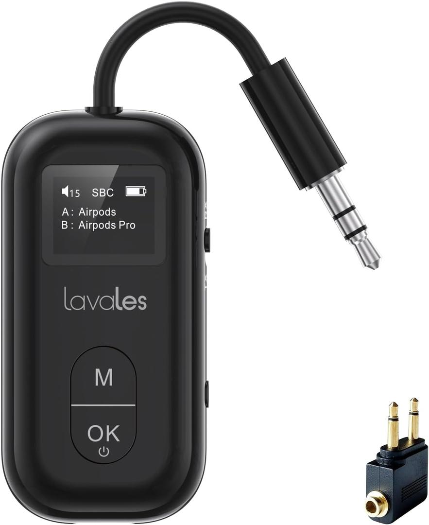 Bluetooth 5.3 Transmitter Receiver for Airplane to 2 Headphone  AptX Low Latency, 100ft Long Range, 25H Playtime, 2-in-1 Wireless Bluetooth Audio Adapter W/Screen for TV, Tablets, Speakers (Black)