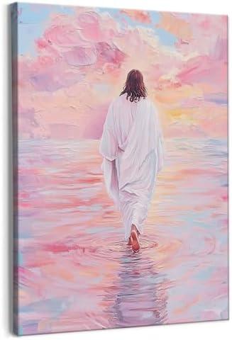 Qabliqo Jesus Walking on Water Framed Wall Art, Pink Pastel Christian Jesus Wall Decor, Christian Religious Canvas Poster Prints Pictures for Home Bedroom Living Room Church, 11x14 Inches