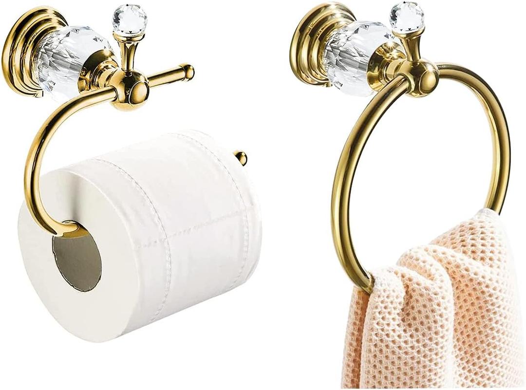 WOLIBEER Crystal Towel Ring, Gold Toilet Paper Holder Hand Towel Holder Towel Hook Tissue Roll Paper Holder Wall Mounted Towel Hanger 2 Pieces Sets