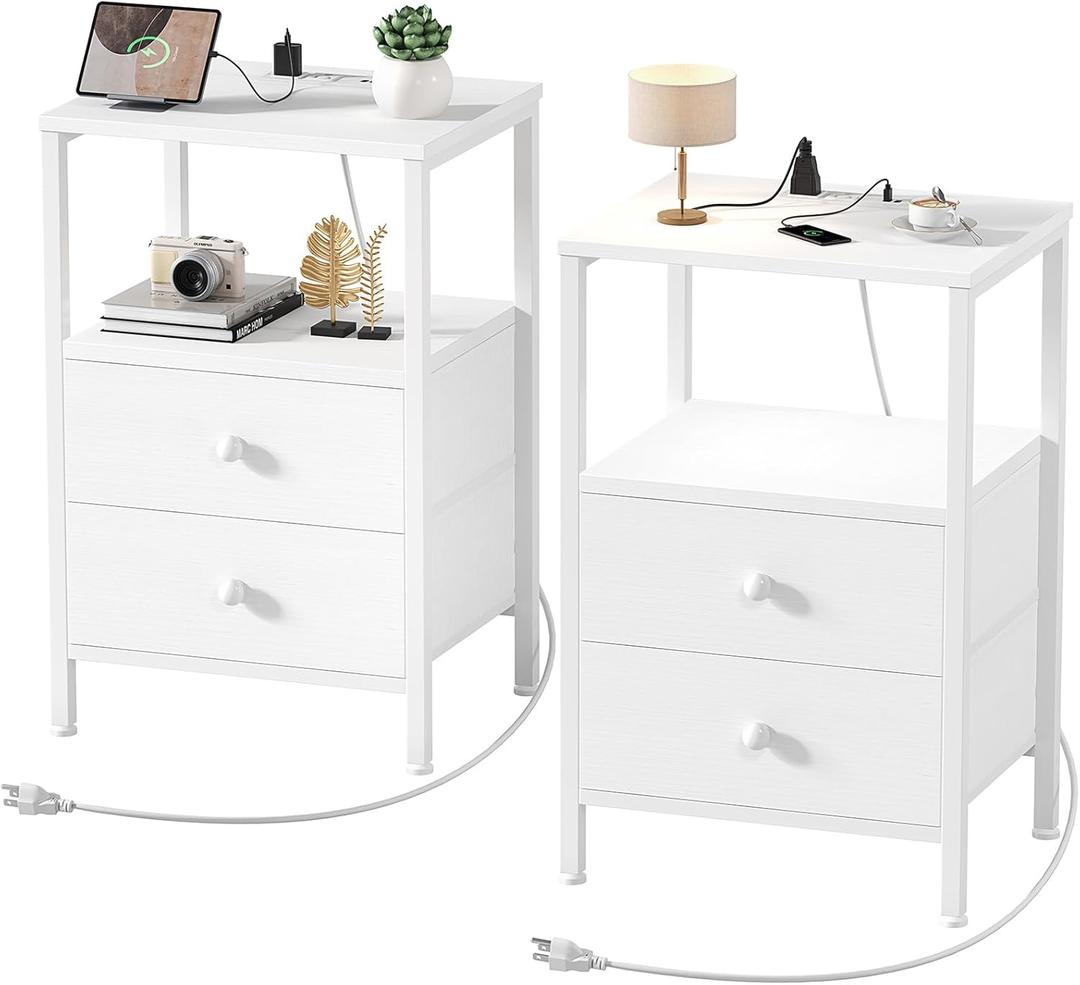 White Nightstands Set of 2 with Charging Station, Bedroom Night Stand Set 2 Small Night Stands with Drawers and Shelf Storage End Table Dorm Bedside Table Modern (Medium 2 pcs)