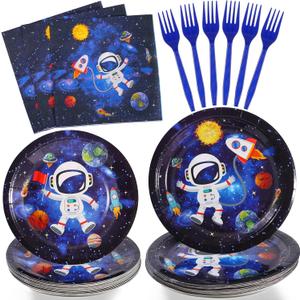 SCIONE 96 Pcs Outer Space Party Decorations Galaxy Party Tableware Set, Solar System Paper Party Plates Napkins Forks for 24 Guests, Kids Party Favors Space Themed Birthday Party Supplies