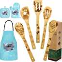 Christmas Gift for Women Mom from Daughter - Wooden Spoons for Cooking Bamboo Kitchen Cooking Utensils Set with Apron Oven Mitt Potholder Set - Great Mother's Day Birthday Gift