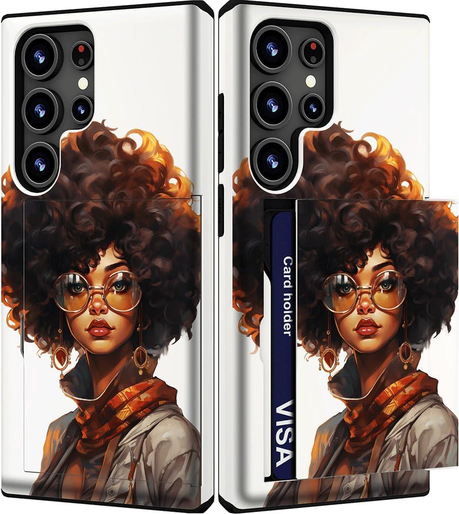 Compatible with Samsung Galaxy S23 Ultra Case Cute with Card Holder/Shockproof Slim Slot Wallet Phone Cover for Women/African Girl Afro Black American Woman