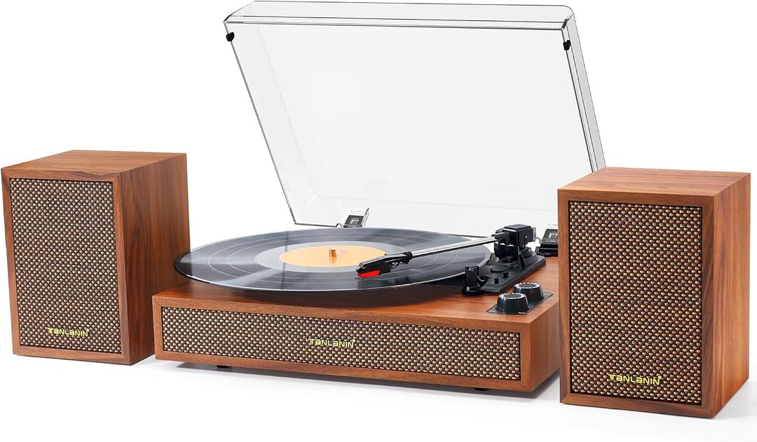 Vintage Vinyl Record Player with External Bookshelf Speakers, 3-Speed Belt Drive Turntable with Auto Stop, Bluetooth Input, RCA Out, AUX in – Brown Wood