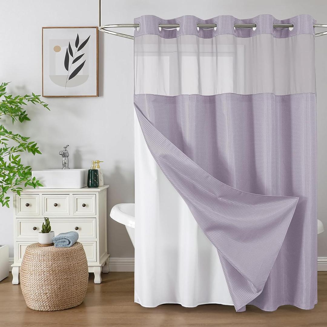 Colorful Star No Hook Shower Curtain with Snap in Fabric Liner, Waffle Weave Heavy Duty Thick Shower Curtains with Mesh Top Window, Hotel Style Waterproof Bathroom Curtain Set, 72 x 75 Inch, Lavender