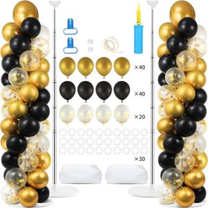 2 Sets Balloon Column Stand Kit with 100 Balloons Adjustable Balloon Tower Stand with Bases for Floor Balloons Column Kit for 2026 Graduation Birthday Appreciation Party Decor Black and Gold