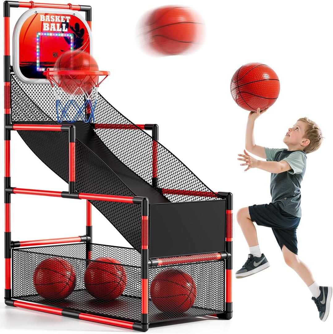 Arcade Basketball Game Set for Kids 3-12 Years Old, Kids Basketball Hoop with 4 Balls & Pump, Indoor Outdoor Sports Play Toys, Basketball Games Toys, for Boys Girls Teens (Red & Led & Scoreboard)