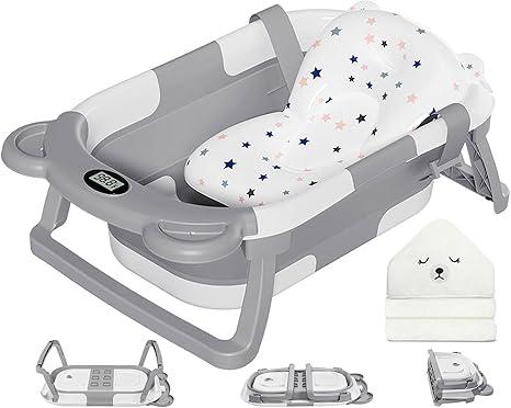 MoreFeel Collapsible Baby Bathtub for Newborn with Thermometer & 1 Hooded Towel & 1 Soft Floating Cushion,Portable Travel Bathtub with Drain Hole, Durable Foldable Baby Tubs for Infants to Toddler