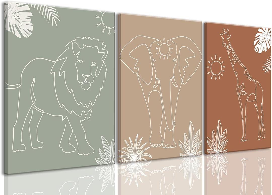 Wodkwq Nursery Wall Art Safari Animal Canvas Prints Boy Baby Room Decor Poster Toddler Room Decoration Minimalist Boho Jungle Painting Pictures Set of 3 for Kids Bedroom Bathroom 12x16in Framed