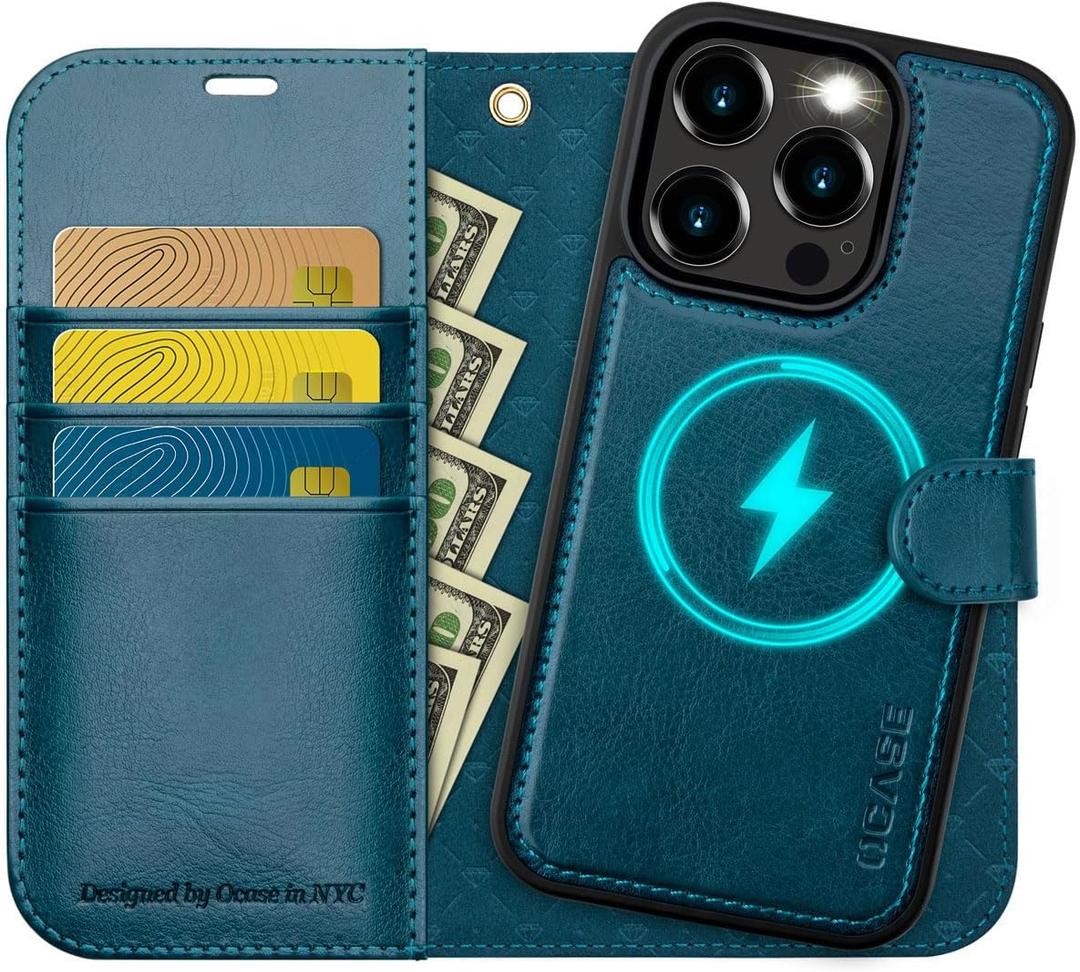OCASE for iPhone 15 Pro Max Case Detachable Wallet Case with Card Holder, [2 in 1] PU Leather Flip Folio Case with RFID Blocking Stand Shockproof Phone Cover 6.7 Inch, Peacock Blue