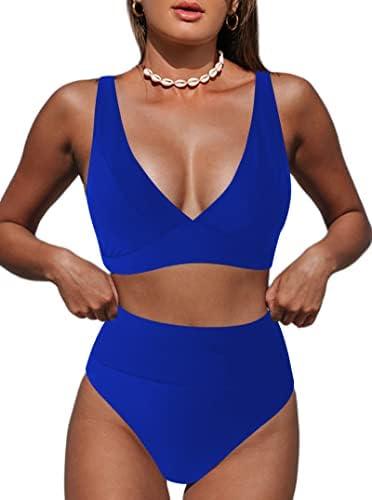Hilinker Women's Leopard Bikini Swimsuits V Neck High Waisted 2 Piece Bathing Suits (Large, Royal Blue)
