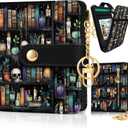 Bookshelf and Skull Goth Gothic Skeleton Rfid Women Wallet, Small Slim Thin Compact Travel Credit Card Wallet, PU Leather Bifold Cash Wallet, Zipper Coin Pocket ID Window, Female Ladies Gifts