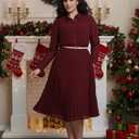 Business Casual Shirt Dress for Women Long Sleeves Pleated Midi Dresses with Belt, Burgundy, XS