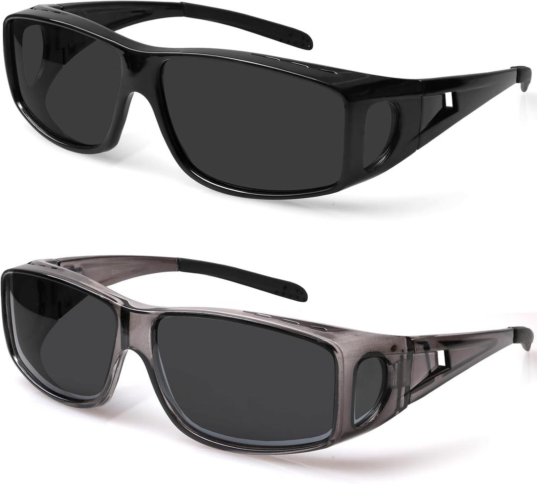 Fit Over Wrap Sunglasses Polarized Lens Wear Over Eyeglasses 100% UV Protection for Men and Women (2 Pack: Black Frame With Grey Lens and Grey Frame With Grey Lens)