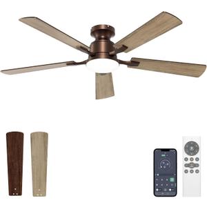 VOLISUN 52 Inch Ceiling Fan with Lights Flush Mount, Low Profile Ceiling Fans with Lights, Remote&APP Control,Dimmable 22W LED Light,Queit&Reversible Fan, Brown Ceilings Fans for Bedroom, Living Room