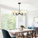 6-Light Black Farmhouse Chandelier with White Fabric Shade, Black Light Fixture for Dining Room Kitchen Island Living Room Entryway.E12.
