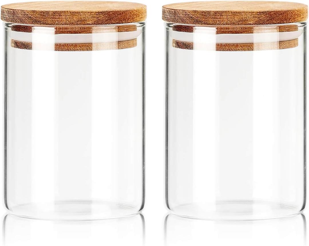 Labina Qtip Holder Glass Bathroom Organizer Storage Canisters with Wooden Lid, 10oz Jar for Cotton Balls Swabs Dispenser and Bathroom Essentials(2 Pack)