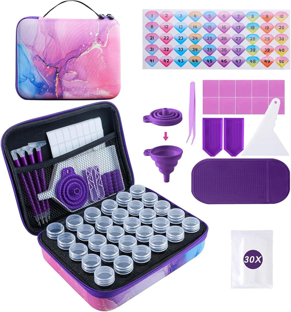 LYMUSUMI 30 Slots Diamond Art Storage Containers for Adults Portable Bead Storage Boxes for Diamond Painting Accessories and Tools (Pink and purple)