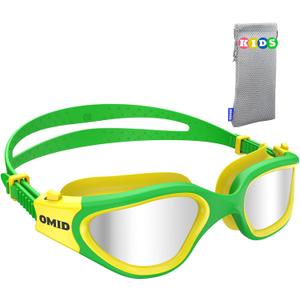 OMID Kids Swim Goggles, P2mini Polarized Swimming Goggles Comfortable for Age 6-14 (A7-mirrored Silver Lens Yellowgreen Frame)