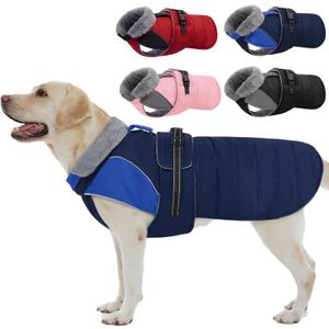 Nanaki Large Dog Coat for Winter Waterproof, Warm Fleece Lining Reflective Large Dog Jacket with Leash Hole, Furry Collar Cold Weather Puppy Vest Outdoor Walking Hunting Easy On Pet Snowsuit Blue, Size: 2XL