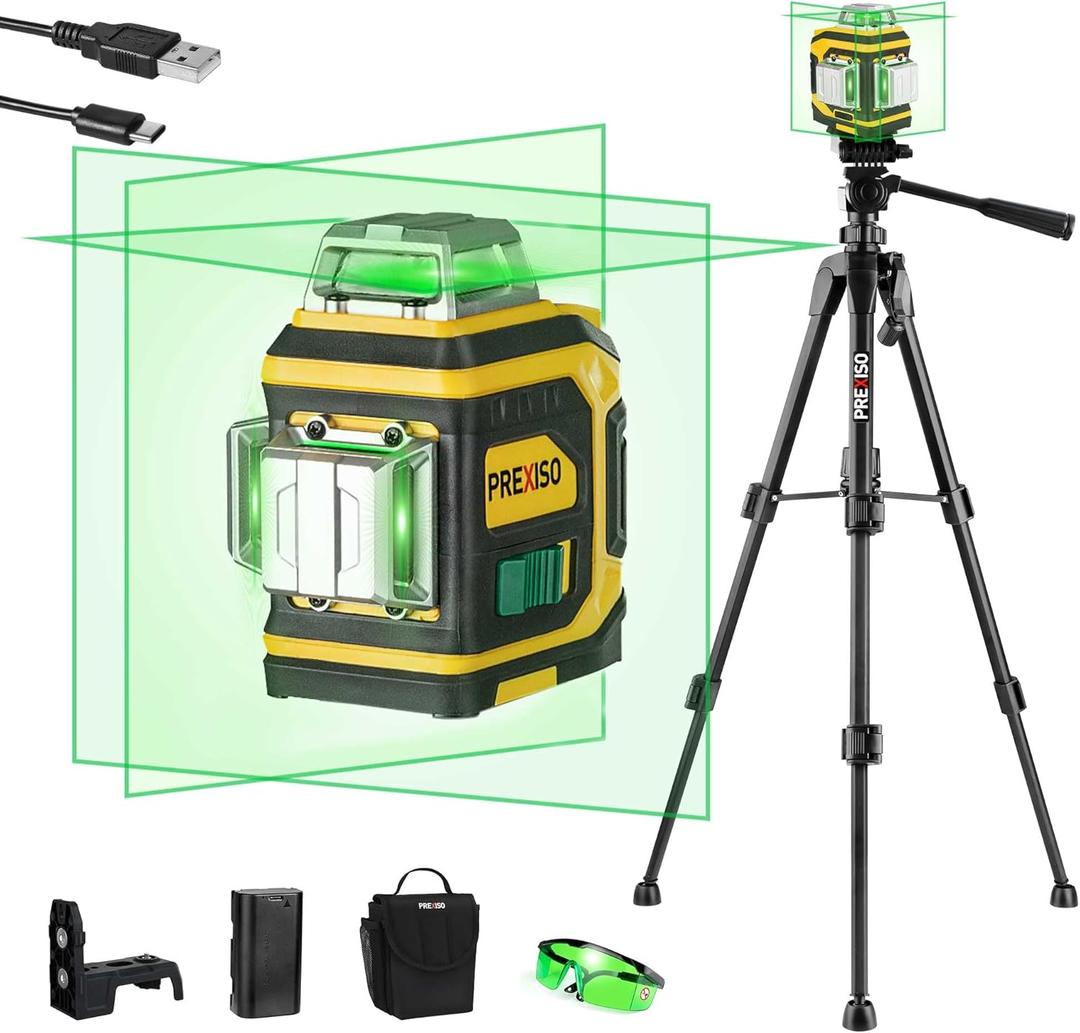 PREXISO Rechargeable 360 Self Leveling Green Laser Level with Tripod, Magnetic Base, Glasses - For Construction, Tile, Home Renovation