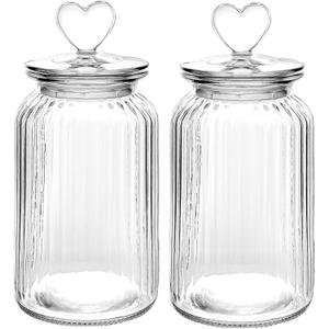 WHJY Set of 2 Airtight Glass Jars, 45oz Jar of Hearts Cute Cookie Jar Decorative Jars with Lids Candy Jars for Candy Buffet Heart Shaped Lid - Stripes Textured