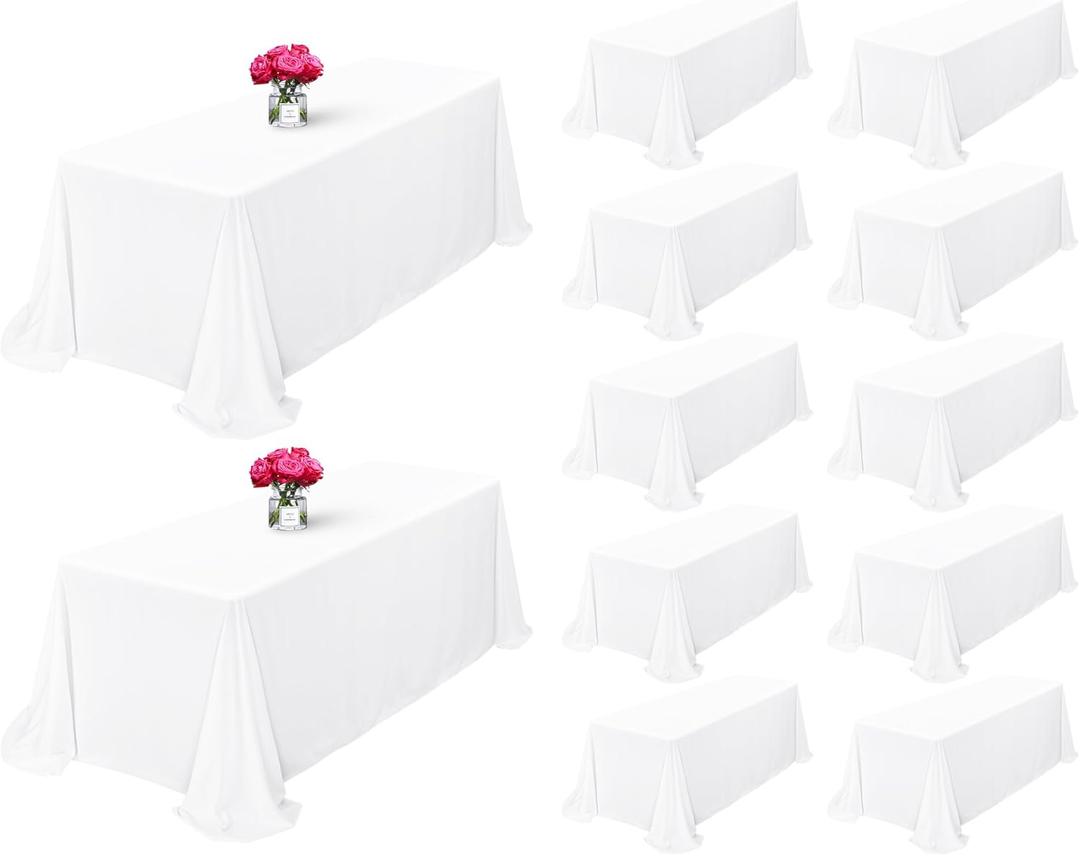 Showgeous 12 Pack White Rectangle Tablecloth, 90 x 132 Inch, Wrinkle & Stain Resistant, Polyester, Perfect for 6ft Table, Weddings, Banquets, Parties