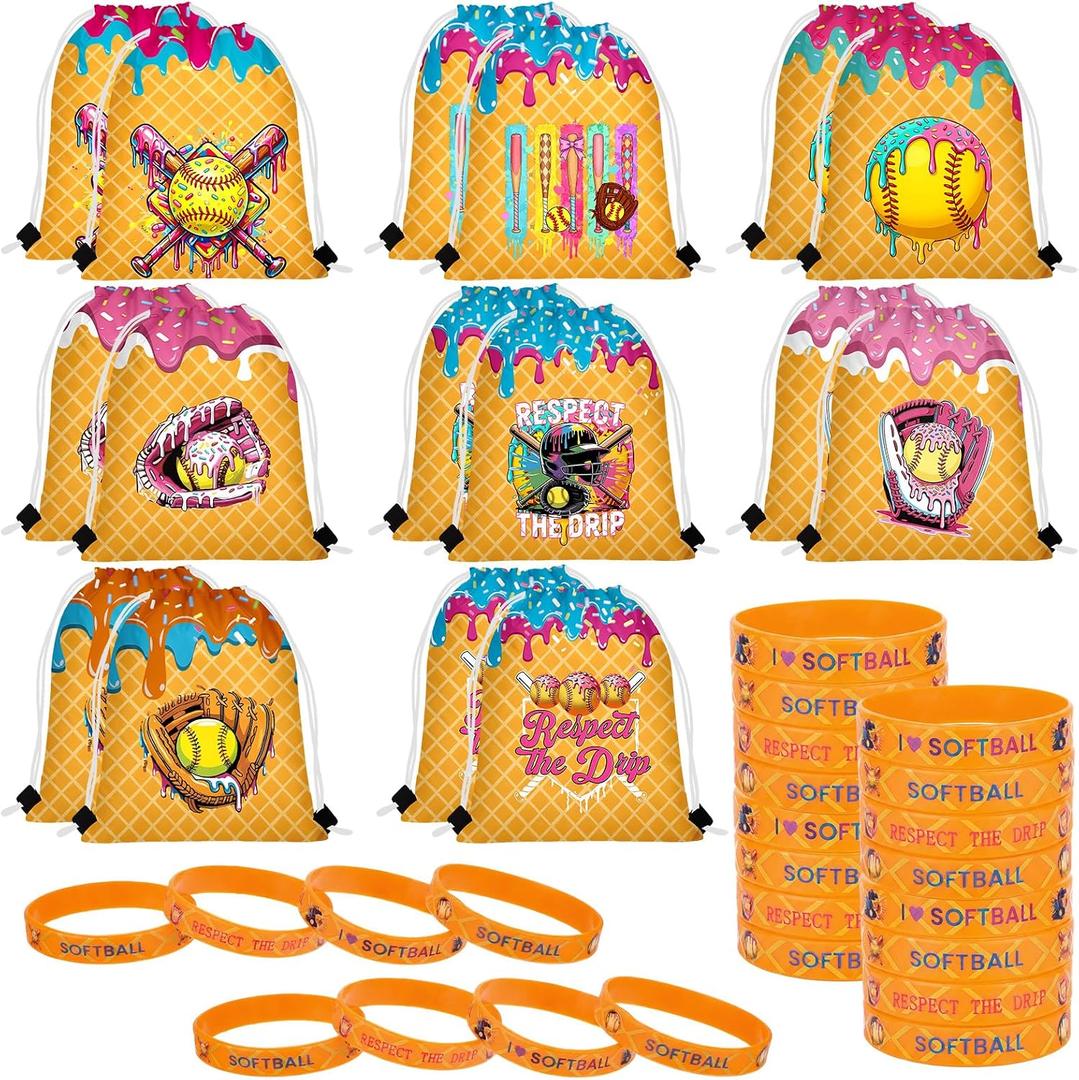 Equsion 32 Pcs Softball Party Favors Set 16 Yellow Ice Cream Softball Drawstring Goodie Bags 16 Silicone Wristband Respect the Drip Snack Treat Candy Bags Motivational Bracelet Sports Party Supplies