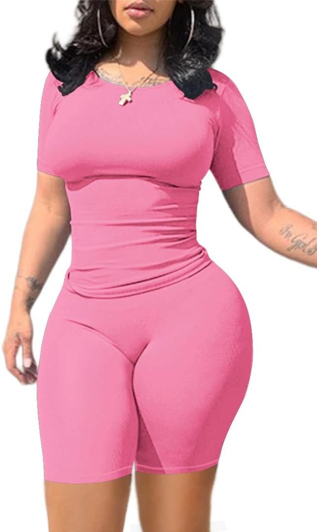 Lounge Wear Casual 2 Piece Outfits Sets for Women Skinny Crew Neck T-shirt High Waist Leggings Shorts Workout Set (Pink, XXL)