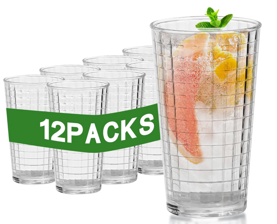 Reusable Plastic Drinking Glasses, Water Glasses Set of 12, Unbreakable Plastic Cups Acrylic Glasses Drinkware, Stackable Clear Kitchen Tumblers, ShatterProof, BPAFree, DishwasherSafe (350ML)