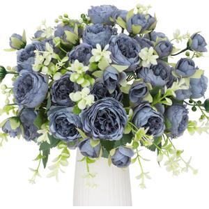 Floweroyal 4 Bunches Peony Artificial Flowers Teal Blue Flowers Silk Peonies Bouquets for Wedding Party Table Centerpieces Floral Arrangement Home Kitchen Decor