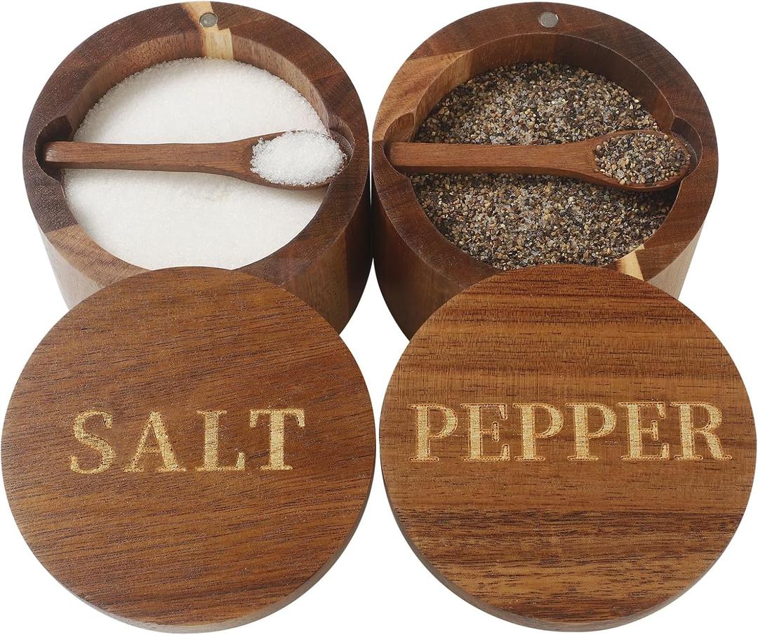 Timtopno Salt Cellar, Elegant Salt and Pepper Set, 2PCS Acacia Wood Salt Container with Built-in Spoon & Swivel Lid, Engraved SALT & PEPPER Box, Salt Holder for Countertop Seasoning Storage
