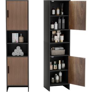 Tall Storage Cabinet, 13.15 Inch Narrow Bathroom Cabinet with USB Magnetic Light, Open Shelf, Magnetic Doors, 2 Adjustable Shelves, Anti-Tip Kit for Small Spaces, Living Room, Black, 57.1" H, 11.81"d X 13.39"w X 57.1"h