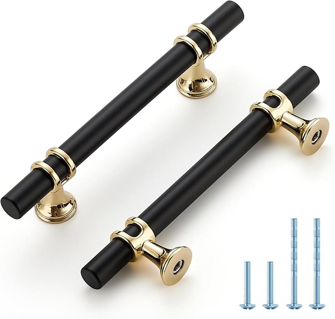 HOME EDIT Matte Black and Brushed Brass Cabinet Handles, 3-3/4 Inch Hole Center Modern T-Bar Drawer Pulls, Decorative Hardware for Cabinets, Dressers, and Drawers, 5 Pack