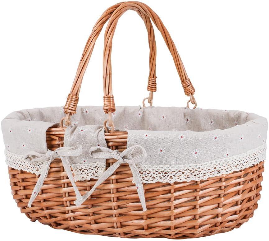 Large Wicker Picnic Basket with Handles, Handle Sturdy Woven Body with Removable and Washable Lining, Outdoor Camping, Gift Packing, Garden Picking, Storage White Flower