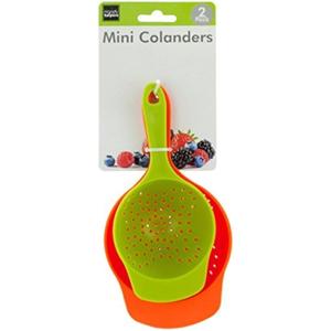 Mini Colanders Set 2 Plastic Pack Kitchen Mesh Food Strainers Colander Handles Red Lime Green 6.5 and 7.5 Inch Strainer For Pasta Vegetables and Fruits