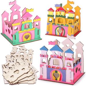 Ristpal 12 Set DIY Wooden Painting Crafts Set, Unfinished Blank Coloring Wooden Stencils of Castle, Arts and Crafts Supplies for Birthday Gifts Classroom Rewards Goodie Bags Fillers