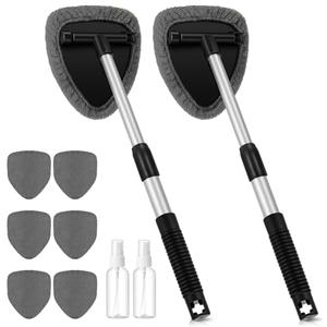 Baderke 10 Pcs Windshield Cleaner Tool Car Window Cleaning Supplies with Extendable Handle Include 6 Washable Microfiber Bonnets 2 Empty 60ml Spray Bottle Glass Wiper Kit (Gray)