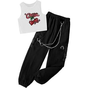 Hilinker Girl's Summer 2 Piece Outfits Sleeveless Crop Tank Top and Cargo Pants Set 11-12Y