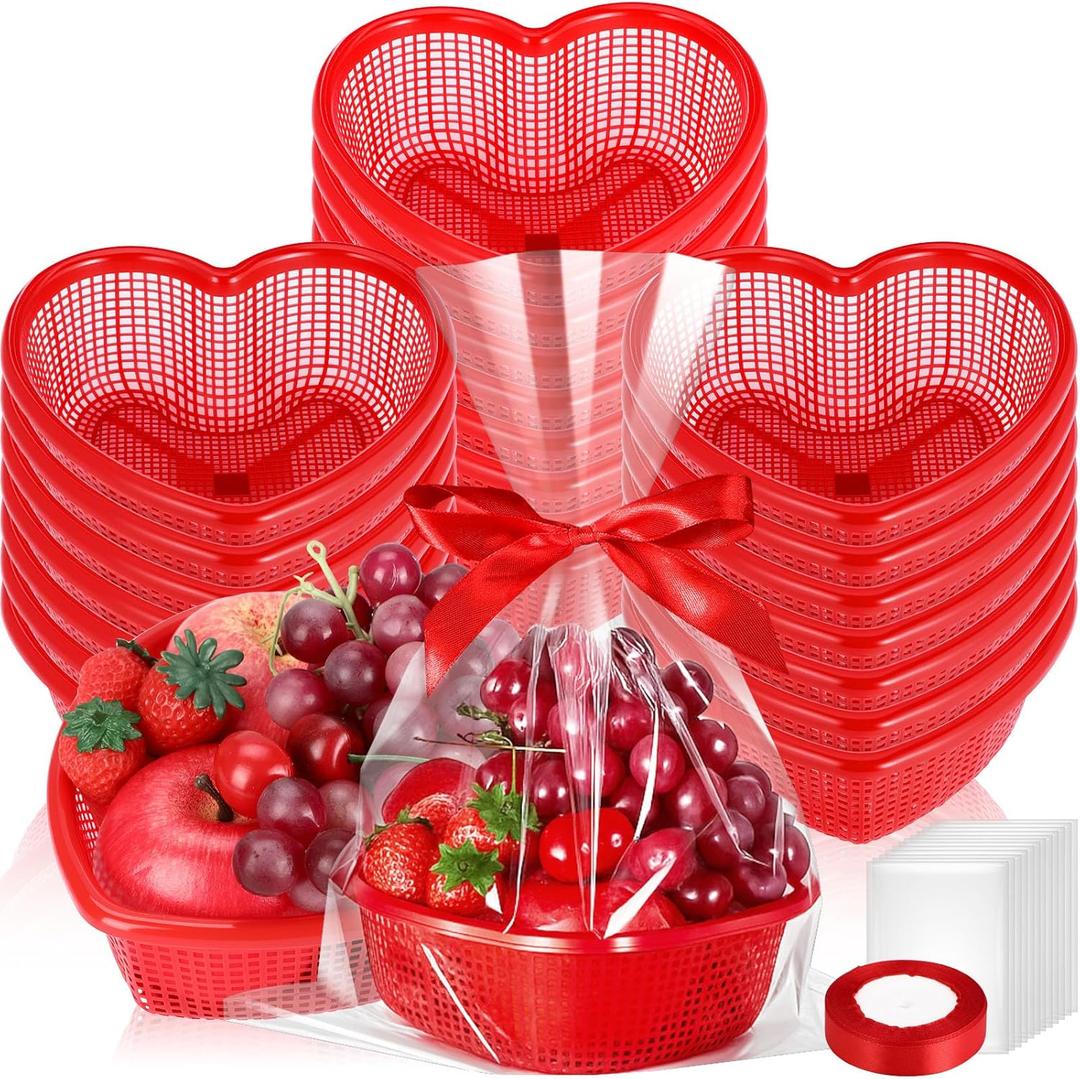 24 Pcs Valentine's Day Heart Baskets Hollow Fruit Basket with Clear Packaging Bags and Red Ribbon for Centerpiece, Wedding Favor, DIY Treat Box, for Fruit, Candy, or Small Gifts