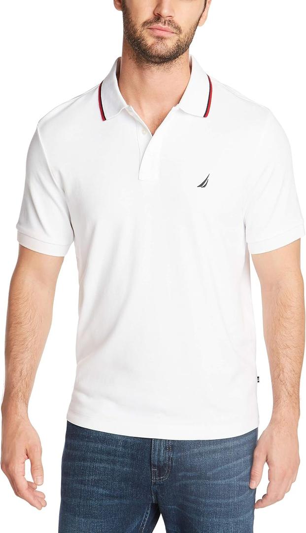 Nautica Men's Classic Fit Short Sleeve Dual Tipped Collar Polo Shirt (Large, Bright White)