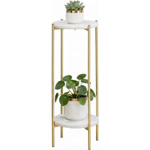 Gold Plant Stand Indoor Tall - 2 Tier White Marble Top Side Table, 29.5 Inch Modern Round Metal End Table for Living Room Corner, Small Bedside Tables for Entryway & Bedroom (11x11, Gold)