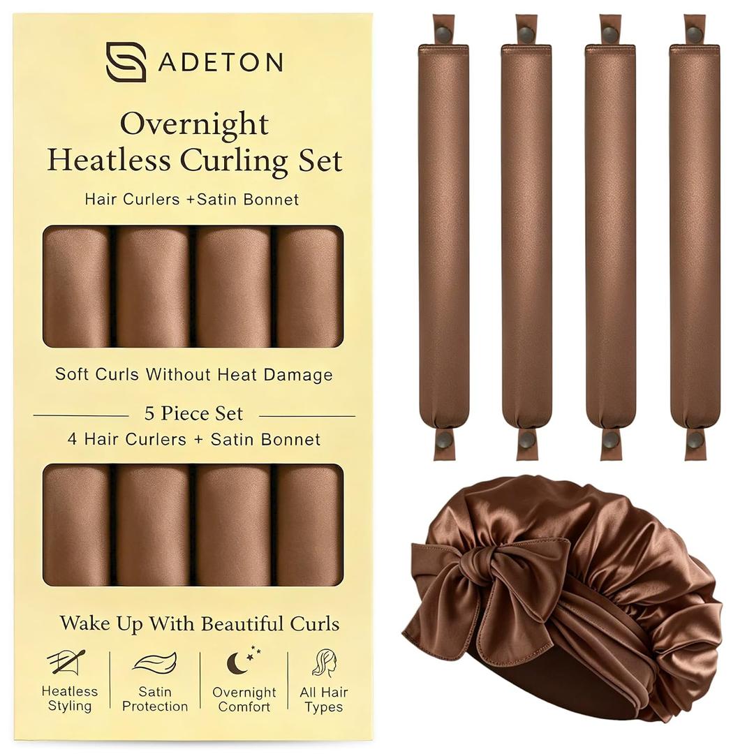 Heatless Curls Overnight, Heatless Hair Curler Set Satin with Button Closure 4 Hair Rollers for Women + Satin Hair Bonnet for Sleeping, Flexi Rods Blowout Rods for Long Hair (A - BROWN)
