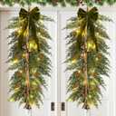 Hungdao 2 Pack 36" Large Christmas Teardrop Swag with Lights Velvet Bell Bow and Faux Pine Cones Rustic Christmas Artificial Greenery Cedar Swag Wreath for Xmas Farmhouse Home Wall Decor(Green)