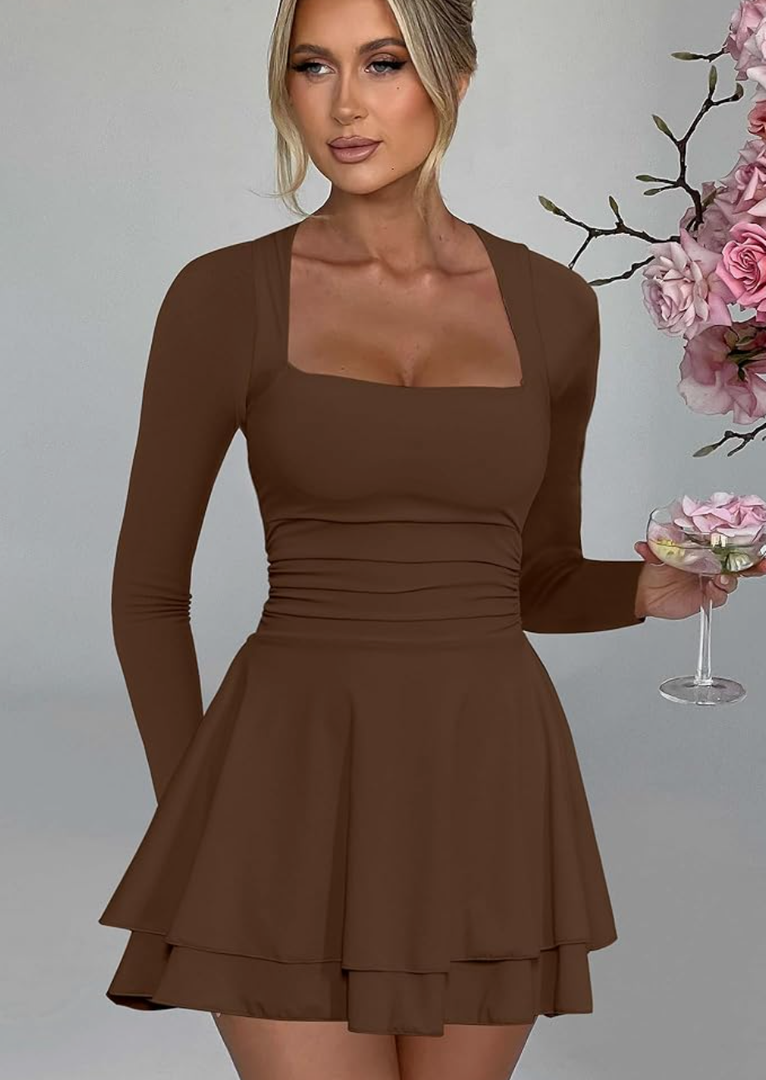 Kaximil Women's Square Neck Ruffle Hem Mini Dress Ruched Waist Long Sleeve Corset Short Party Dresses M