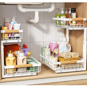 PXRACK Under Sink Organizer, Adjustable Height, 2 Tier Pull Out Under Cabinet Organizer, Slide Out Thickened Metal Under Sink Storage for Kitchen Bathroom Laundry Pantry Cabinet, White, Large-2-Pack