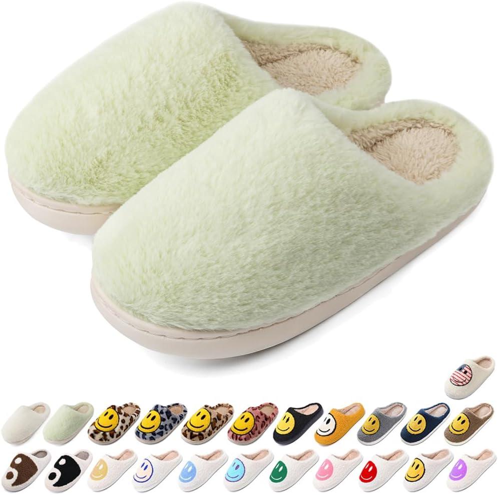 AIMINUO Women's Men's Retro Preppy Happy Face Slippers Comfy Warm Plush Slip-On House Slipper for Winter Indoor Soft Cushion Non-slip Fluffy Slides Slippers (Bunny-fur-light-green)