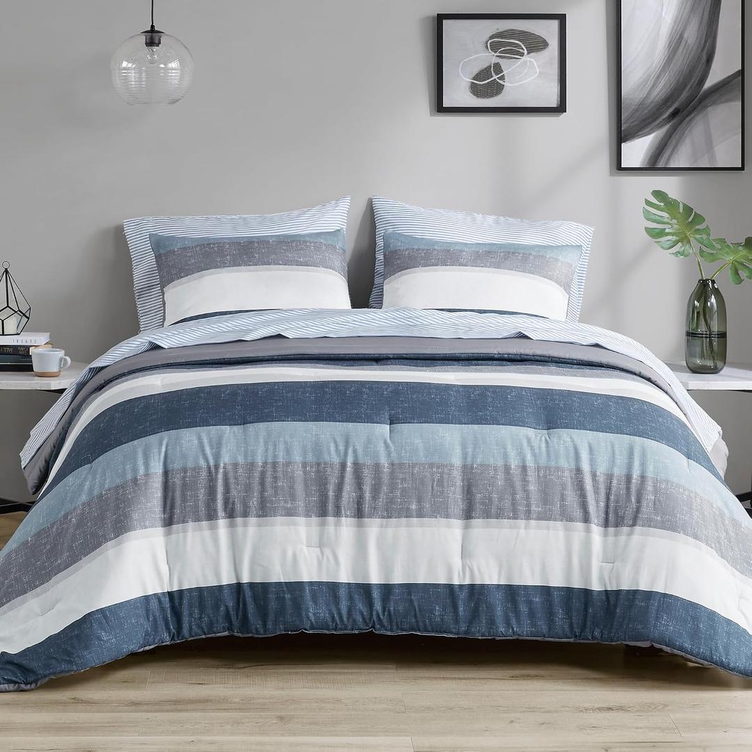 Madison Park Essentials Jaxon Twin Comforter Set, Bed In A Bag Comforter & Sheet Set, Modern Casual Stripes Print, All Seasons, Soft Microfiber Bedding Makeover, Matching Sham, Twin, Blue/Grey 5 Piece